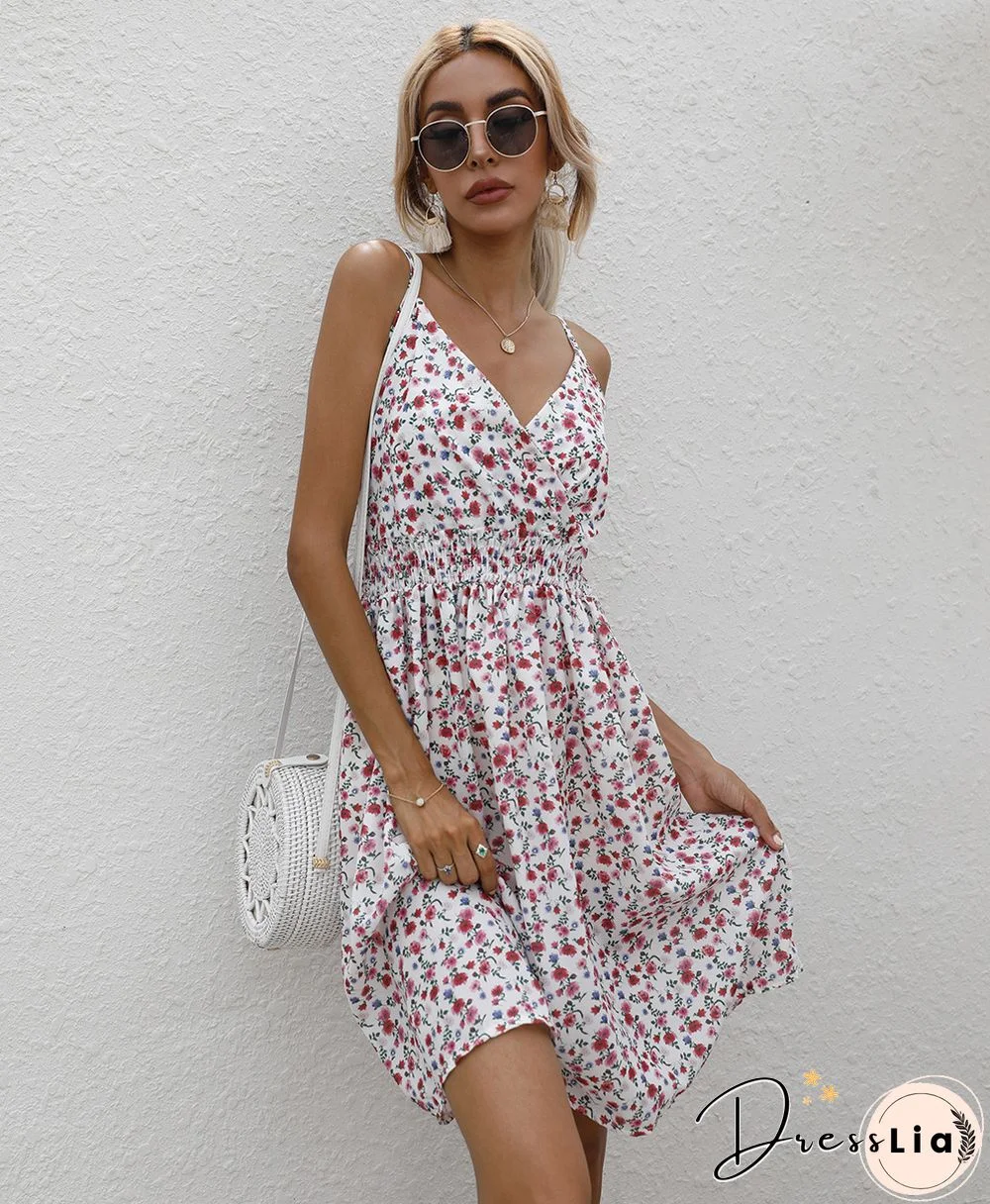 Summer Halter Print V-neck Dress Women Sleeveless Backless Beach Vacation Beach Dress Vestidos Elegantes Para Mujer