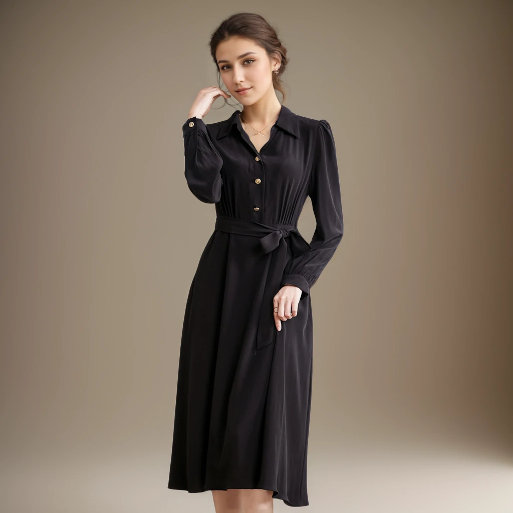 Robe trapèze en soie à taille fine- SOIE PLUS
