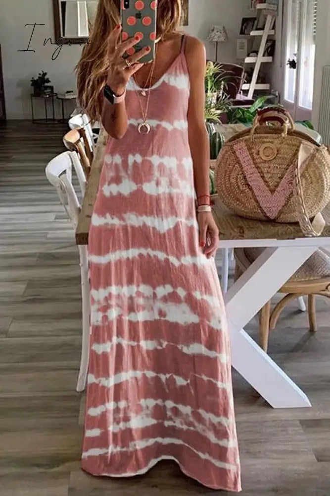 Ingvn - V Neck Spaghetti Strap Casual Maxi Dress(3 Colors) Pink / S Dresses