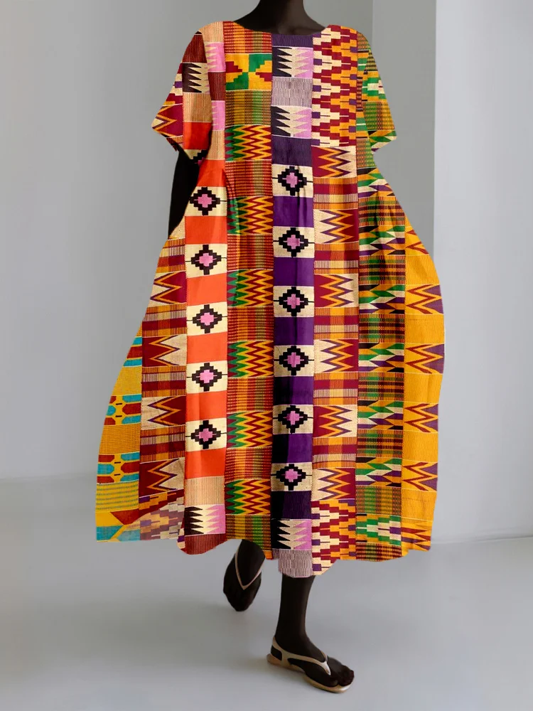 African Ethnic Kente Pattern Linen Maxi Dress