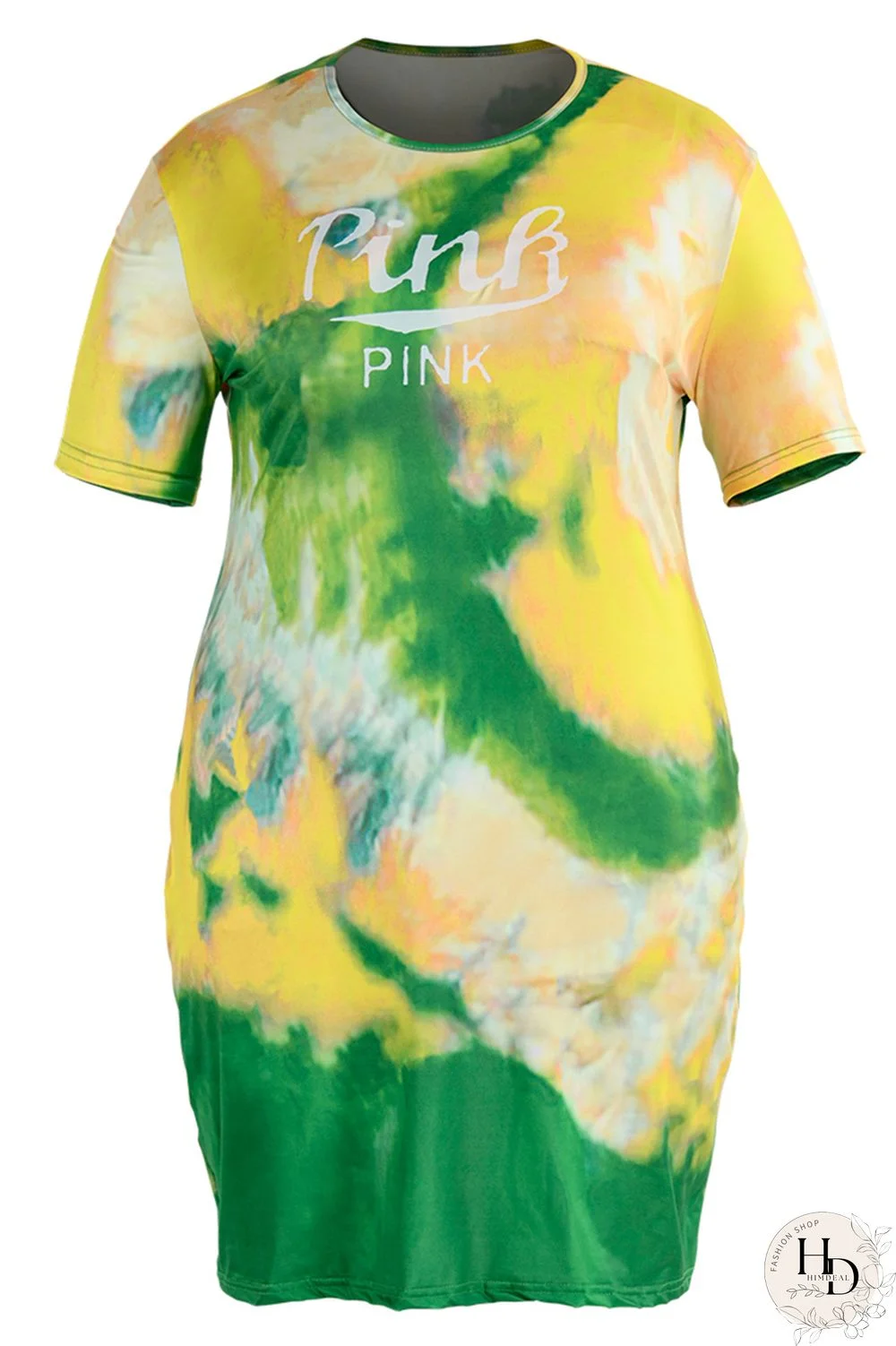 Orange Green Fashion Casual Letter Print Tie-dye O Neck Short Sleeve Dress Dresses