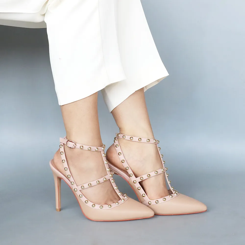 100mm Heels Strap Sandals with Pointed Rivets for Women Slingback Pumps Closed Toe Nude Matte Sandals-vocosishoes