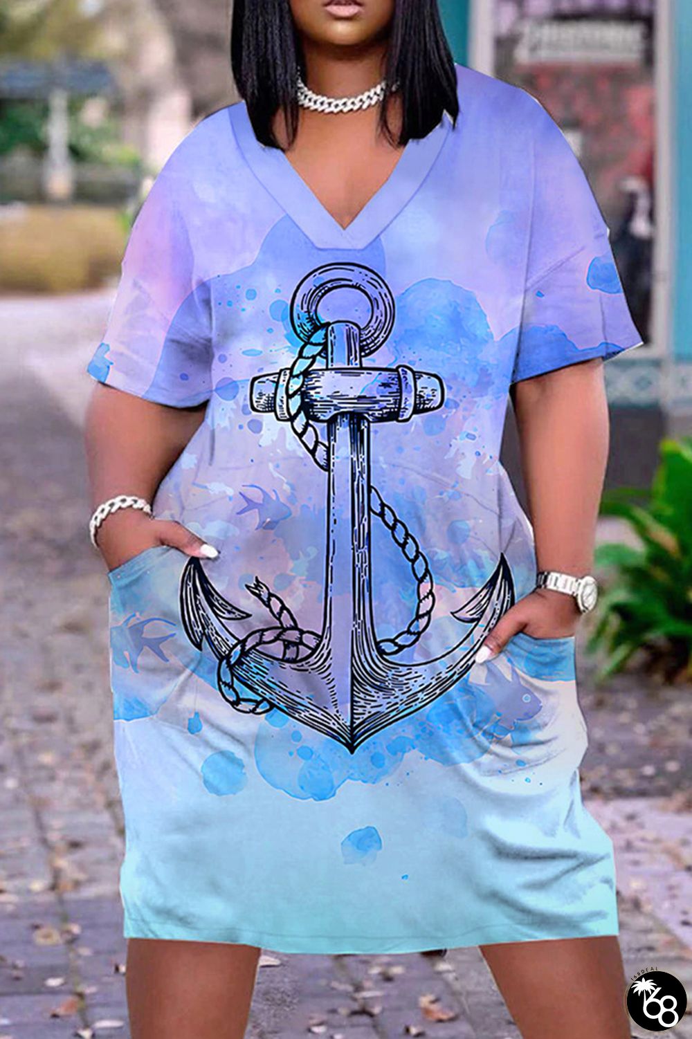 Casual Print Basic V Neck Short Sleeve Dress | 168DEAL