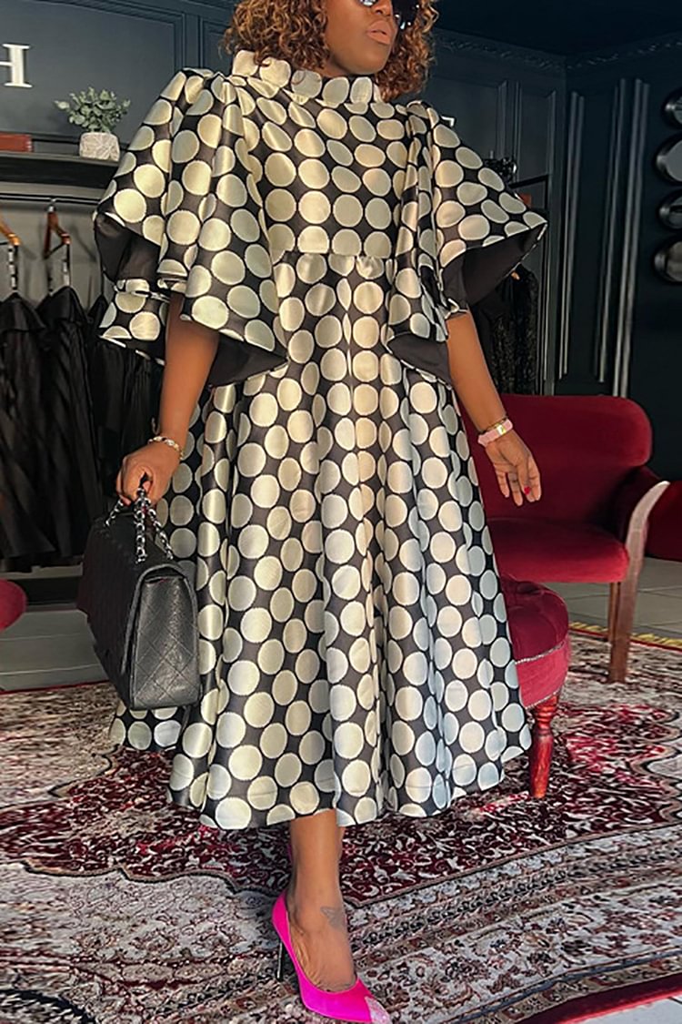Xpluswear Plus Size Daily Polka Dot Print Ruffle Short Sleeve Loose Midi Dress