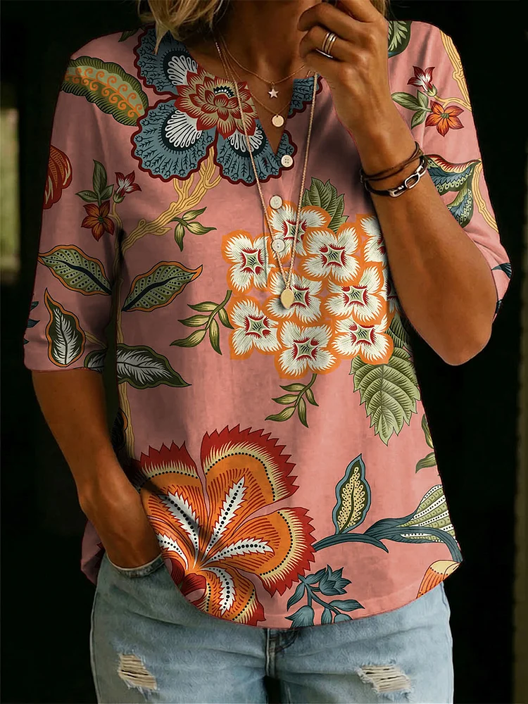 Women&rsquo;s Floral Pattern Art Casual Classic Henley Collar 100% Cotton T-shirt