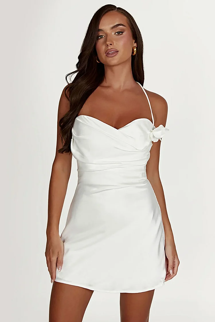 Halter Neck 3D Flower Decor Tied Up Backless White Slim Satin Bridesmaid Mini Dresses