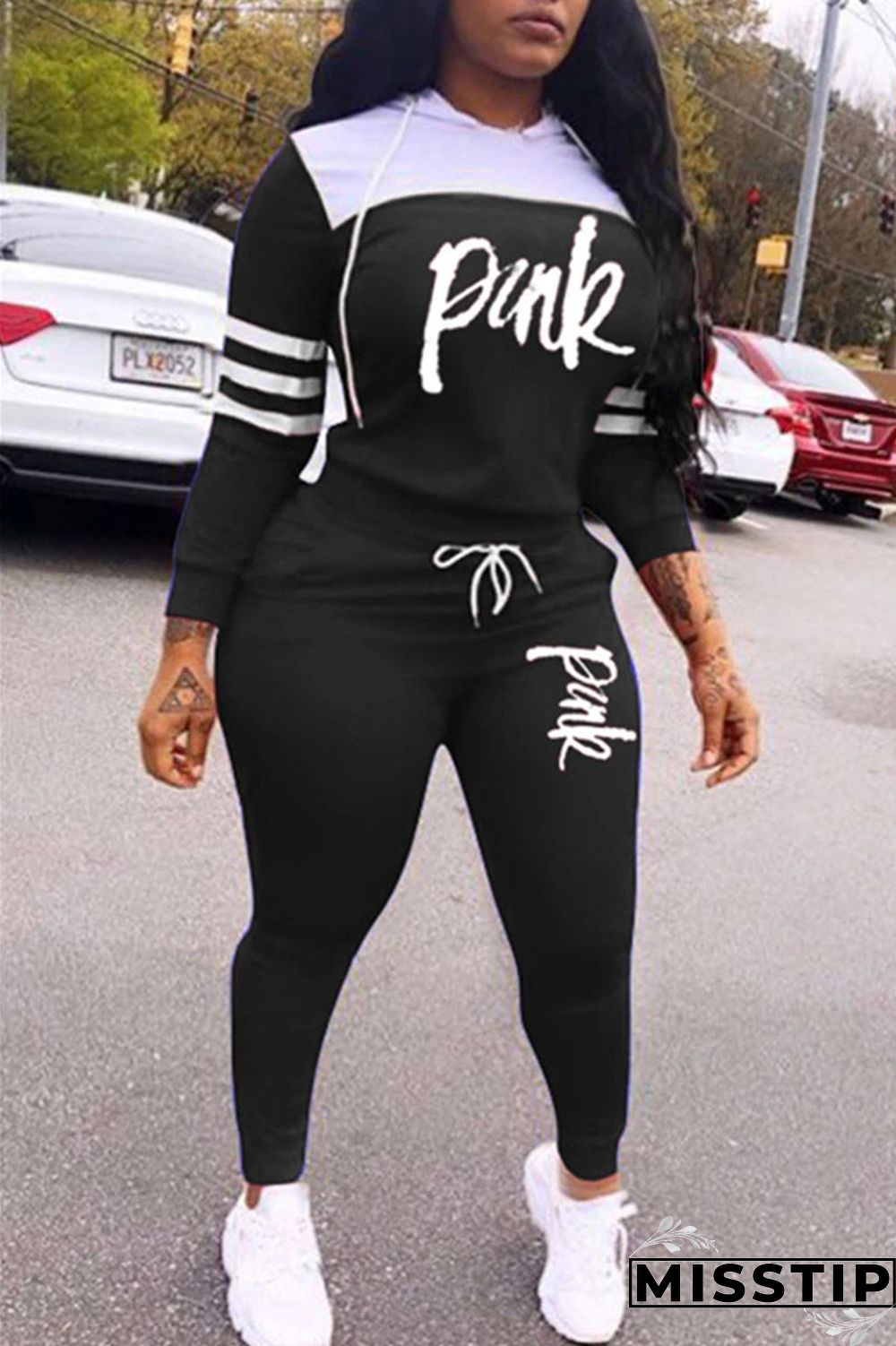 Black Sportswear Print Patchwork Hooded Collar Plus Size Two Pieces