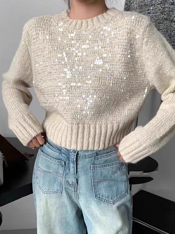 Sequined Split-Joint Long Sleeves Loose Round-Neck Sweater Tops Pullovers