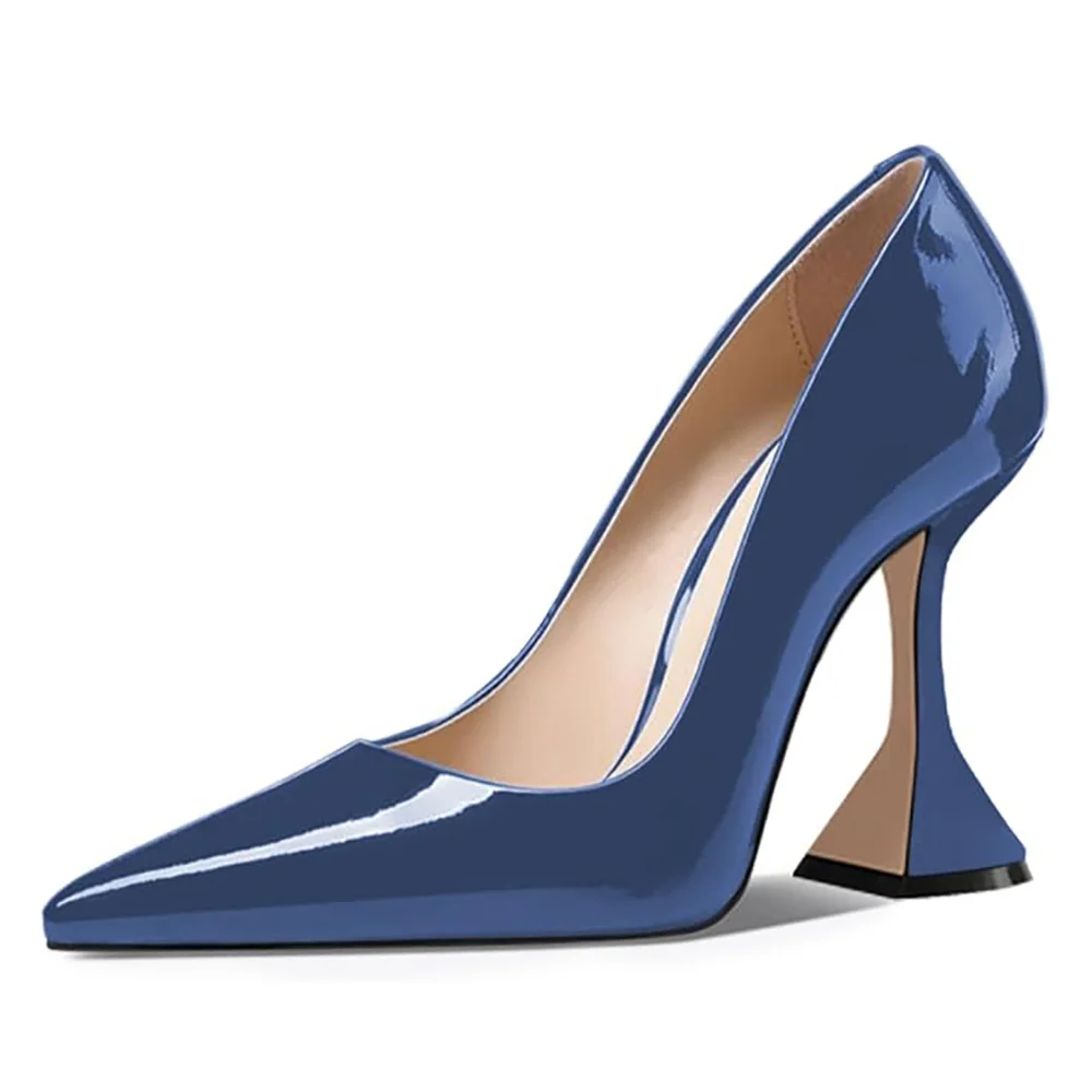 Patent Leather Pointed Toe Flared Heel Pumps for Women in Blue