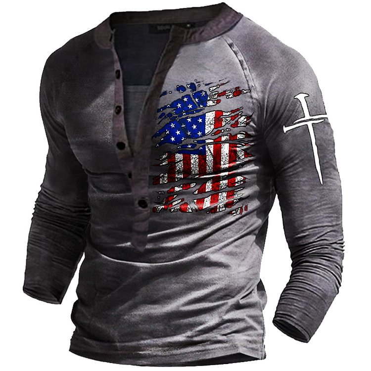 Men's Outdoor American Flag Jesus Cross Retro Tactical Henry Shirt
