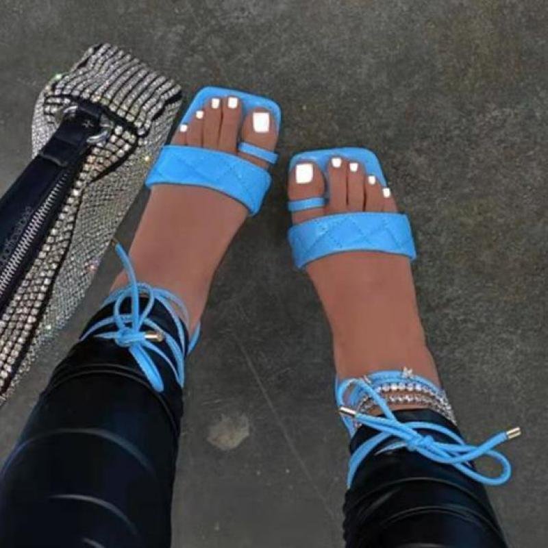 Women Sandals Ankle Strap Flats Laces Square Toe Shoes