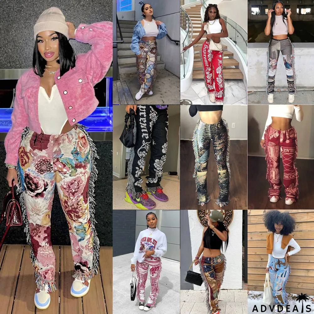 Casual Fashion Color Pattern Fringed Velvet Pants