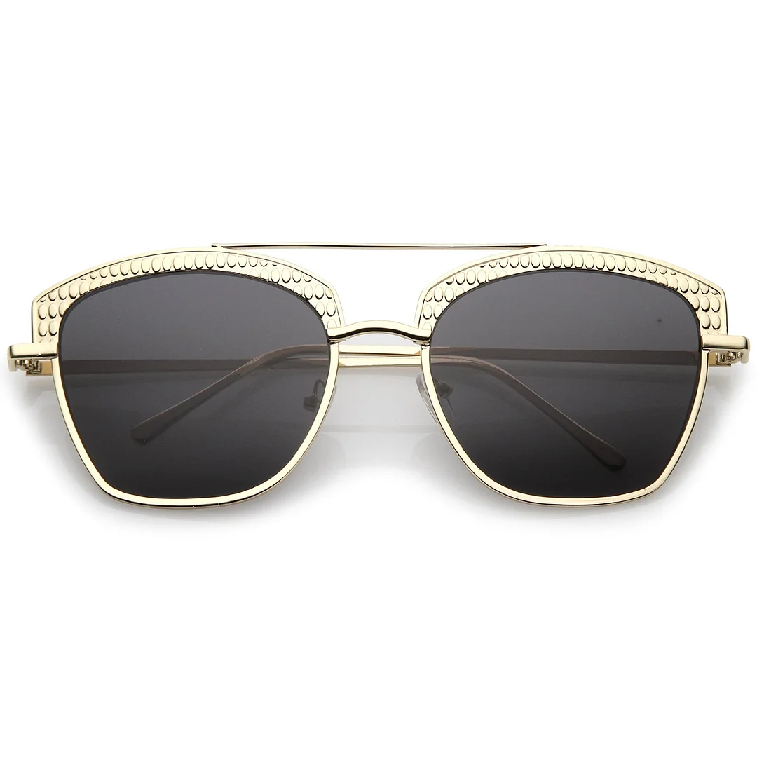 Women's Crossbar Slim Arms Textured Metal Flat Lens Square glasses 58mm