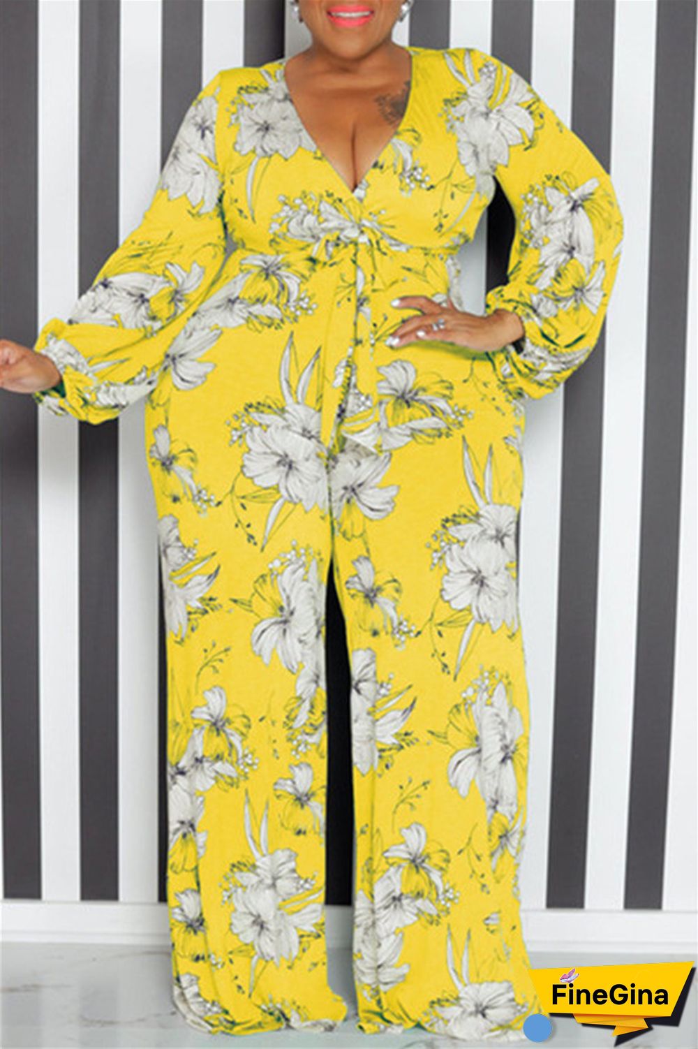 Yellow Casual Print Patchwork V Neck Plus Size Jumpsuits