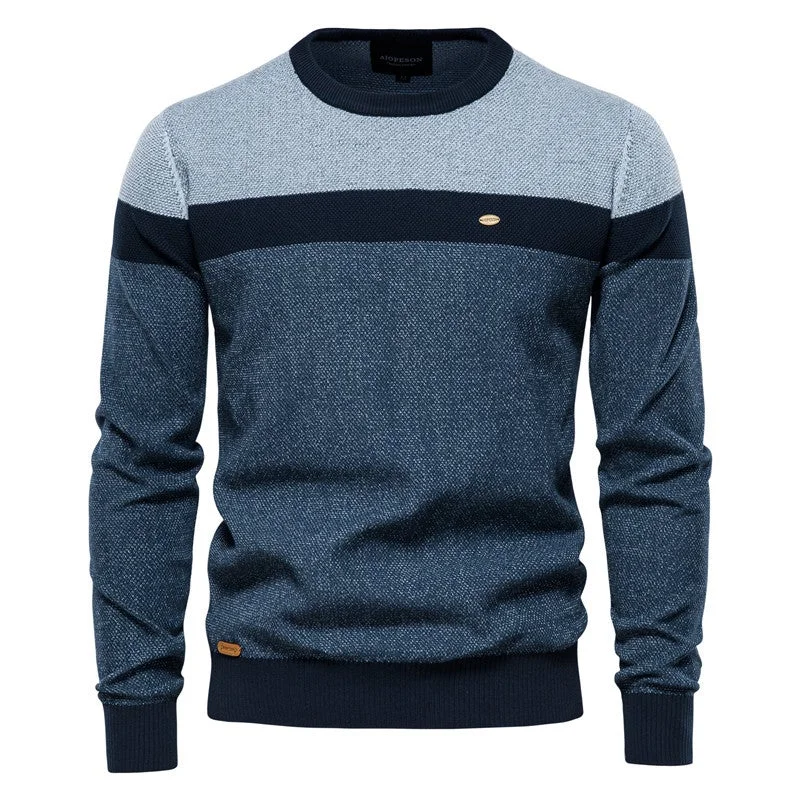 Men Striped Knit Sweater Casual Pullover Tri-Tone Jumper