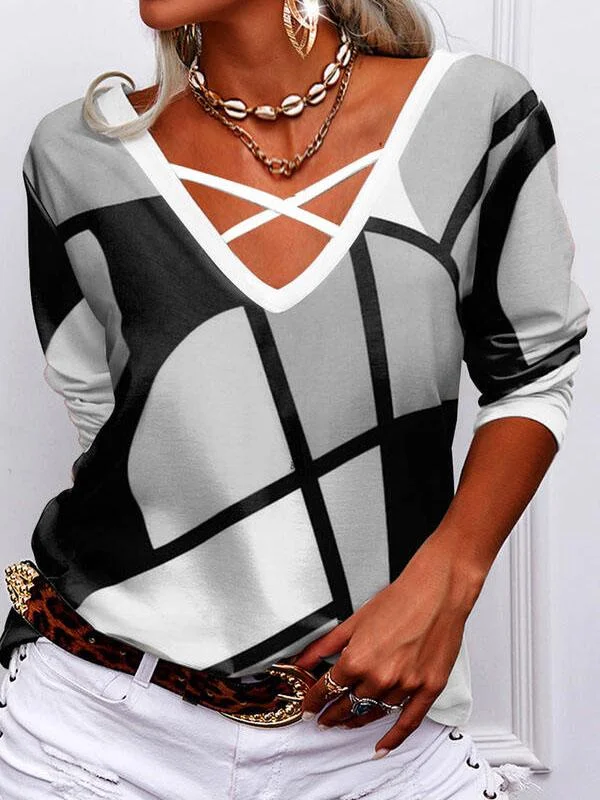 Women Long Sleeve V-neck Printed Tops