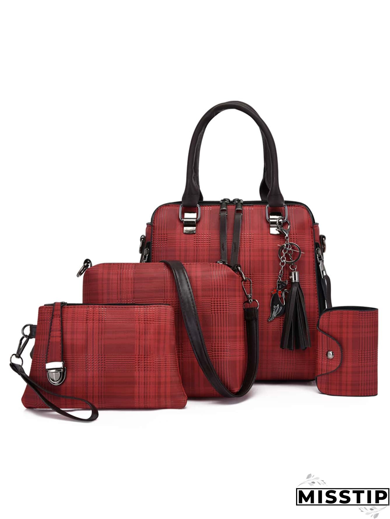 4pcs Colorblock Plaid Tassel Decor Tote Bag Set