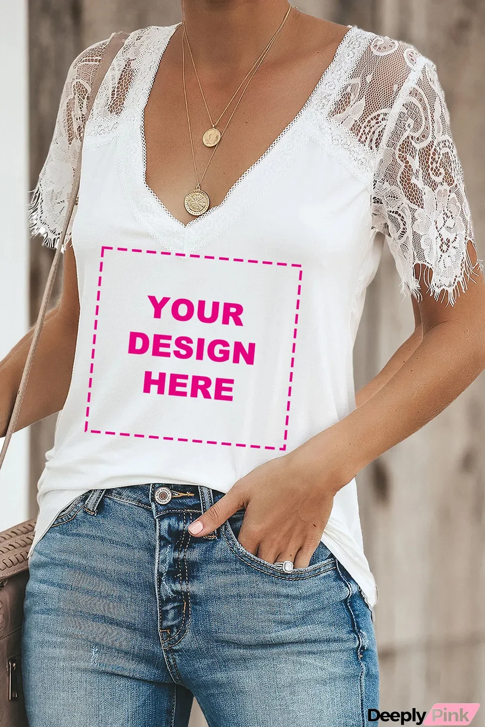 Blank Apparel - White Sweet Side Lace Deep V Neck T-shirt