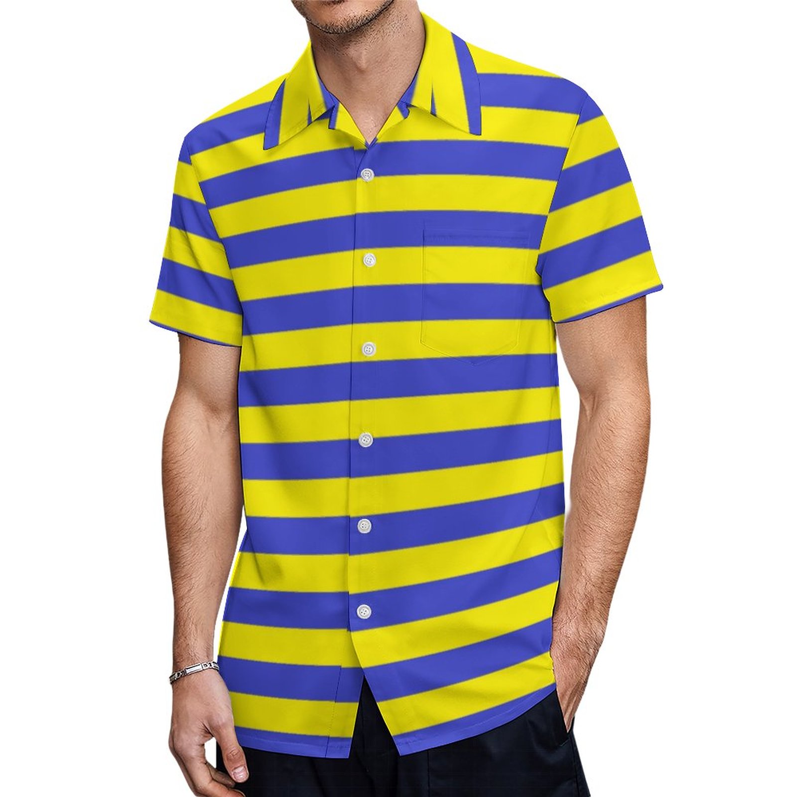 Blue And Yellow Stripes Hawaiian Shirt Mens Button Down Plus Size Tropical Hawaii Beach Shirts