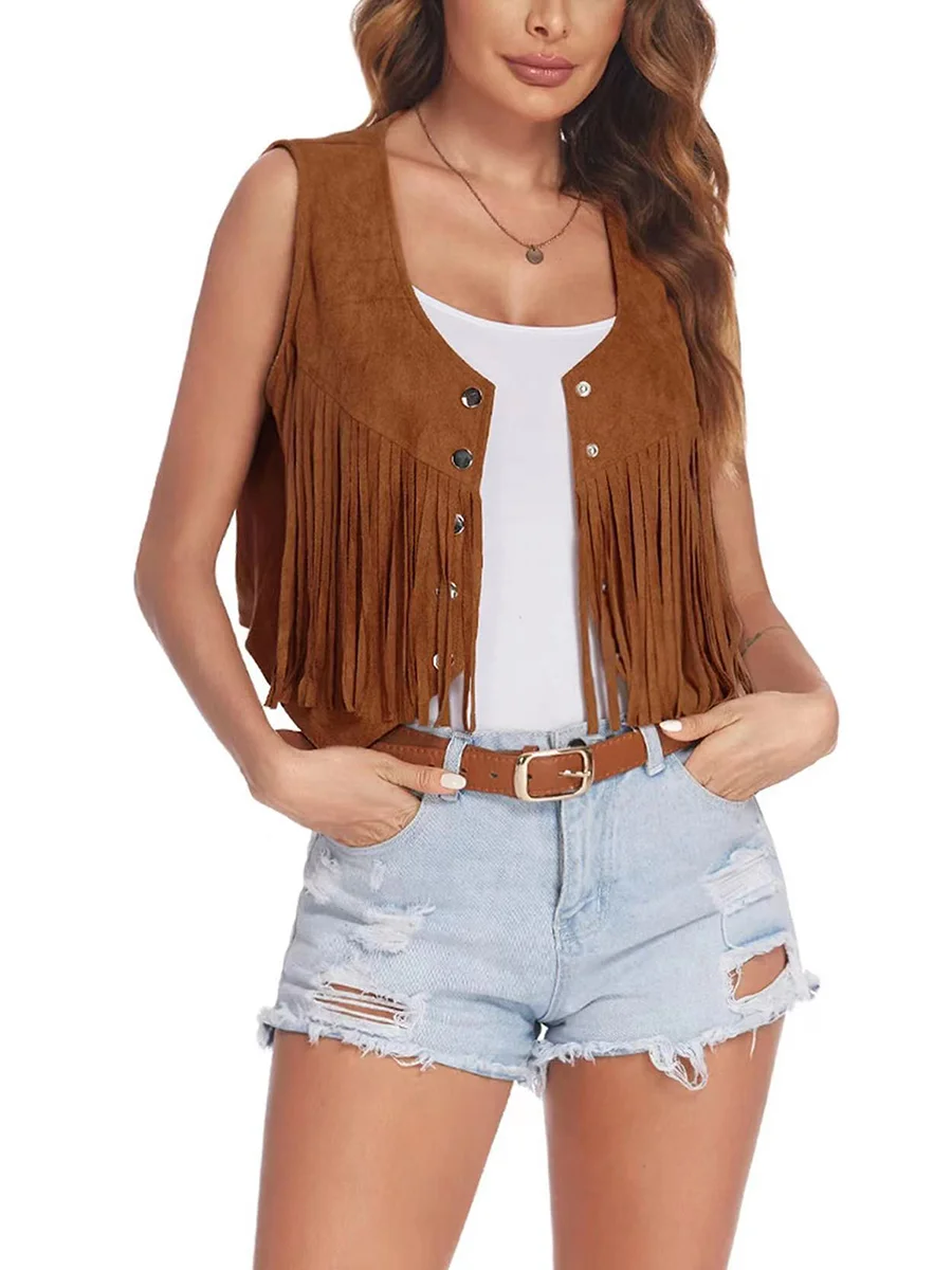 Huibahe Womens Vintage Fringe Vest Faux Suede Tassel Waistcoat Irregular Hem Sleeveless Jacket Waistcoat Punk Rock Concert