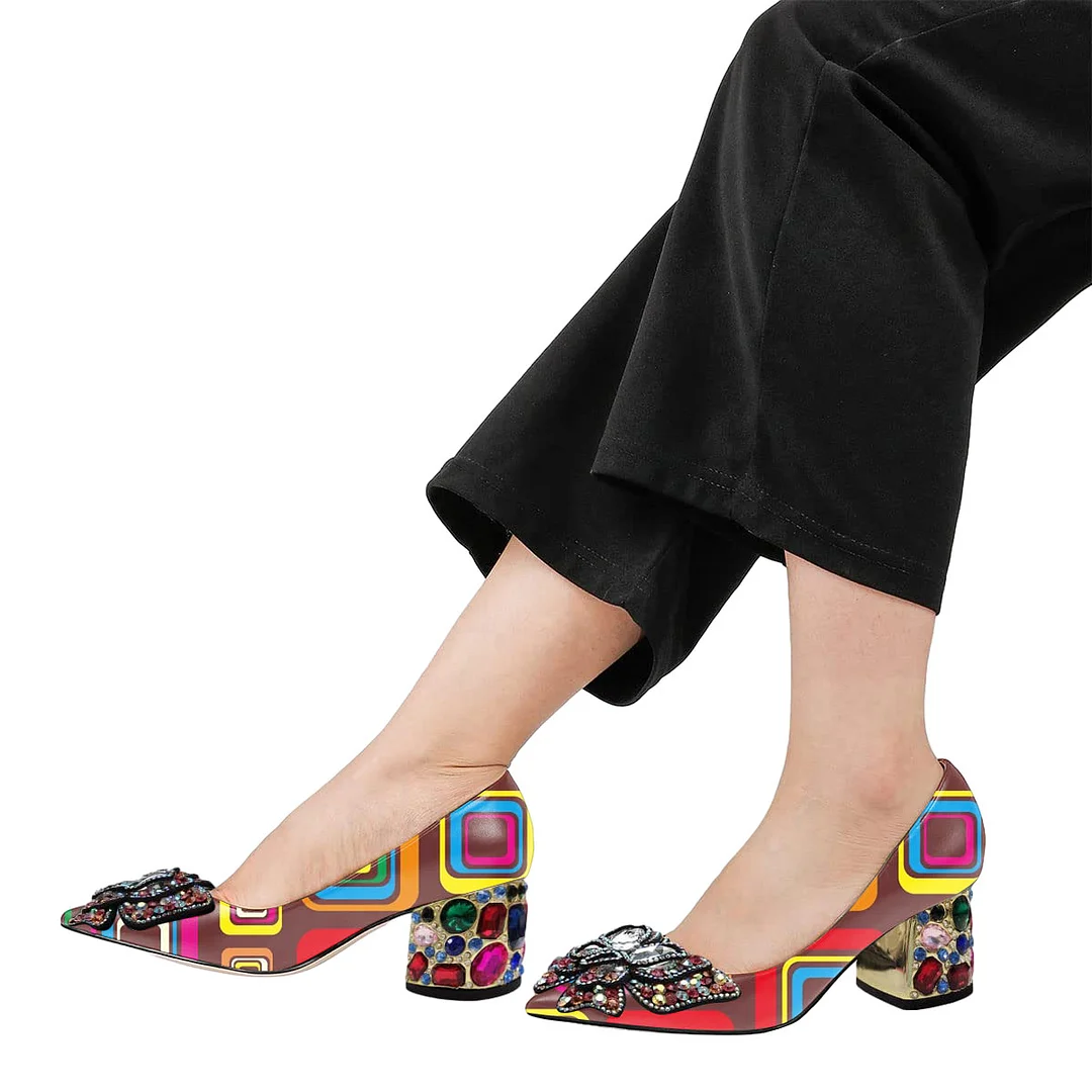 Eye-Catching Colorful Square Printed Rhinestone Patent Leather Pumps