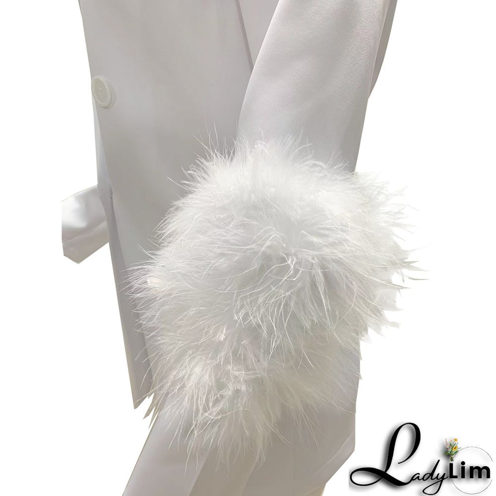 Fall Women Feather Blazer and Pant Two Piece
