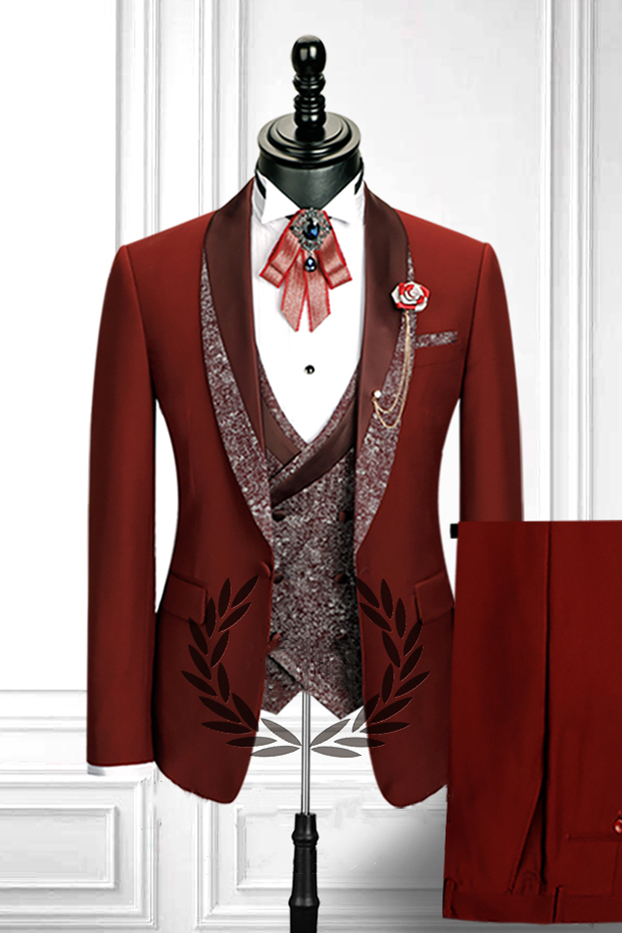 Bellasprom Red Three Piece Stitching Lapel Double Breasted Waistcoat Men's Suit Bellasprom