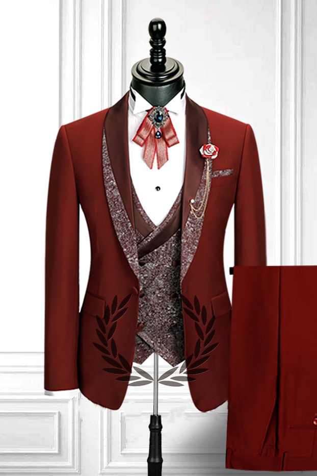 Popular Stitching Lapel Double Breasted Red 3 Piece Waistcoat Men's Suit | Ballbellas Ballbellas