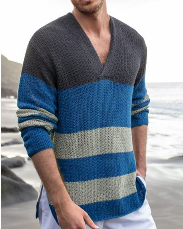 Men's Knitted V Neck Striped Sweater