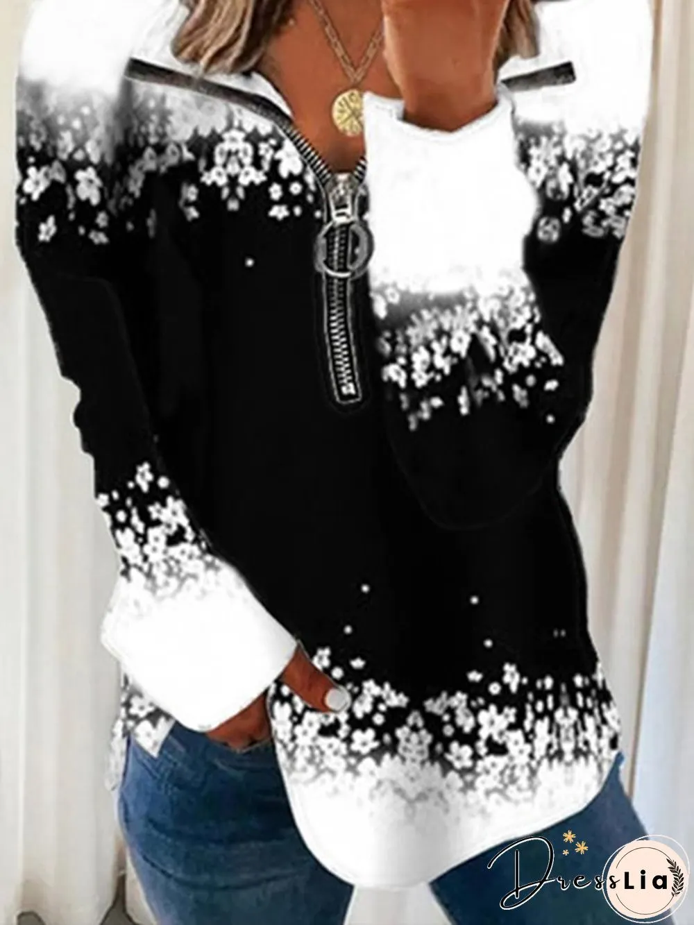Plus Size Casual Zipper Printed Sweatshirts