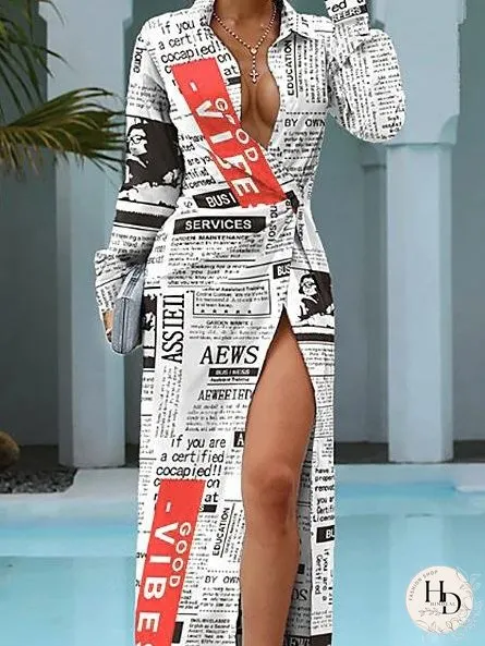 Dresses Newspaper Print Lapel Long Sleeve Shirt Dress for Women