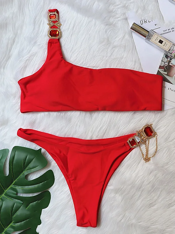 One-Shoulder Beaded Decorated Split-Joint Backless Bikini Swimwear
