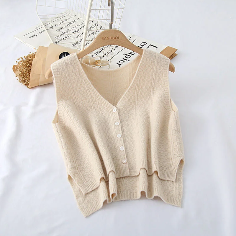 Solid Women Sweater Vest Single Breasted Casual All Match Knitted Loose V-neck Elegant Korean Style Outwear Fashion Daily Female