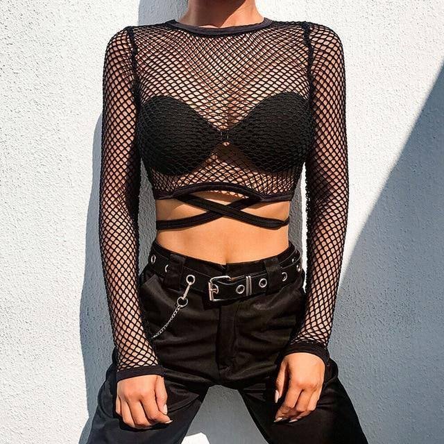 Sexy New Mesh Goth Long Sleeve T shirt Women See-through Fishnet Tops Summer Casual TShirt Streetwear Women's Clothing 2019