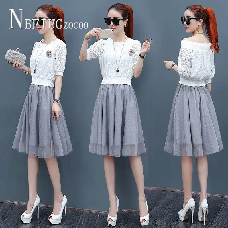 2020 New Summer Fake Two Pieces Women Dress Summer Slim Lace Female Dresses