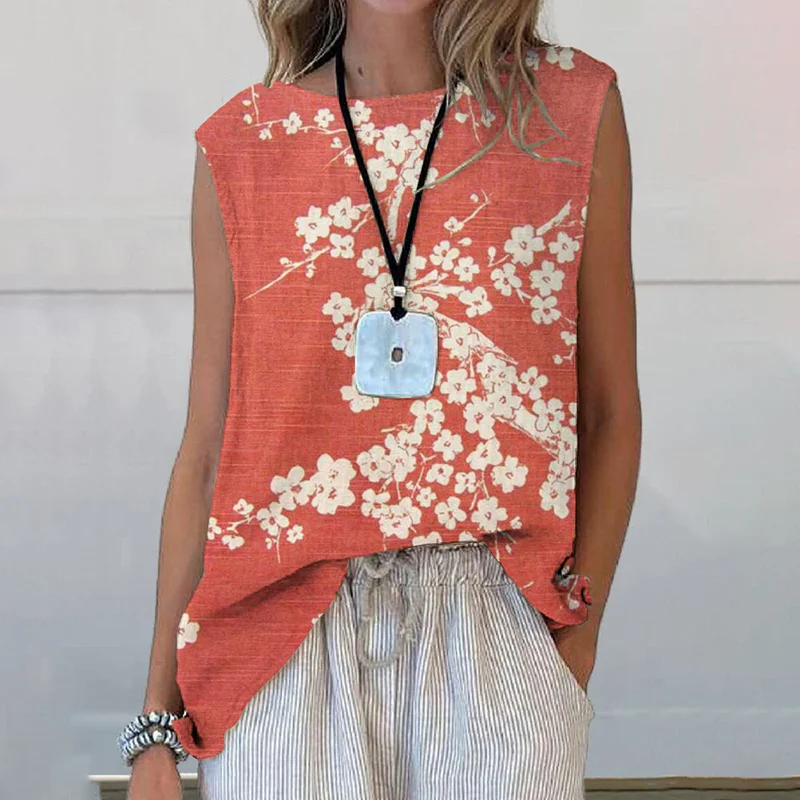 Japanese Floral Art Printed Casual Sleeveless Top