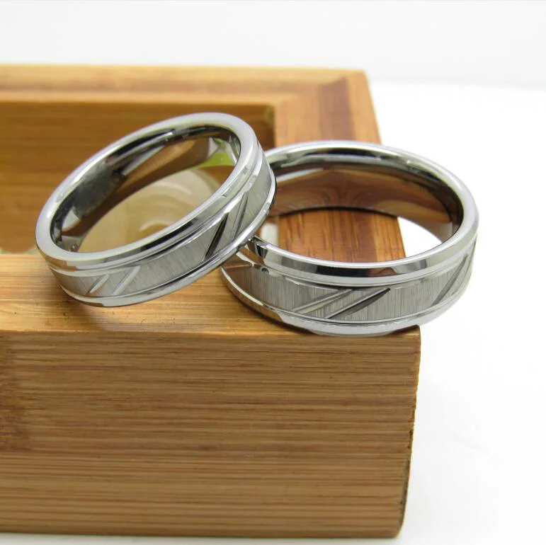 6MM 8MM Sliver Couple Tungsten Wedding Rings With Chamfered Grooves On Both Sides And Inclined Groove In The Middle