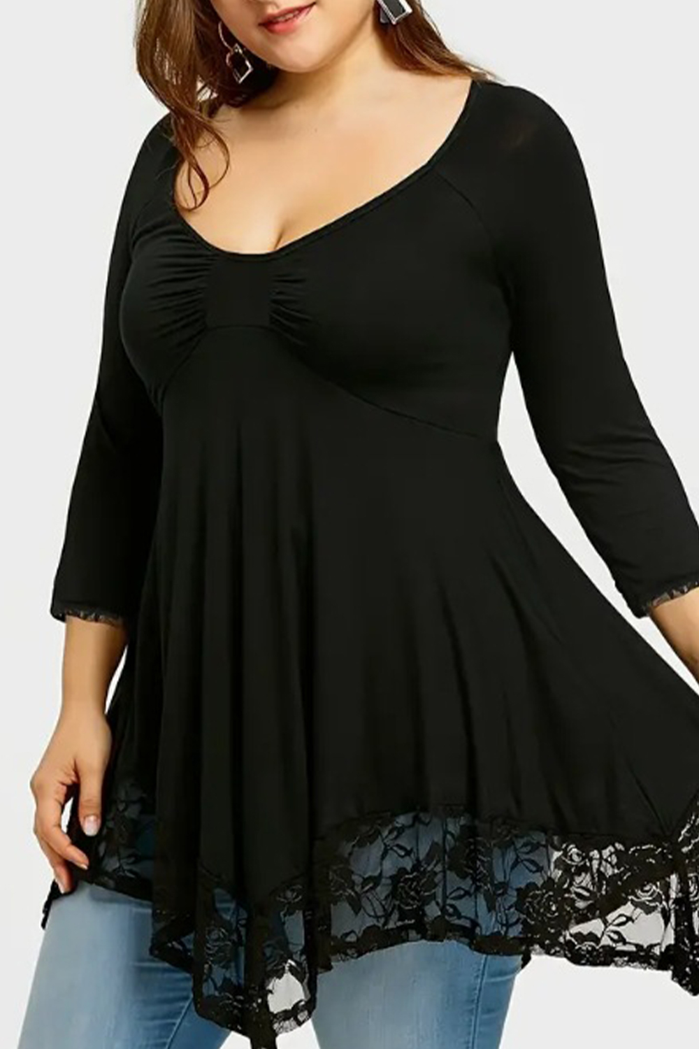 Plus Size Everyday Black Ruched 3/4 Sleeve Asymmetrical Lace Hem Blouse 2024 - Flycurvy 