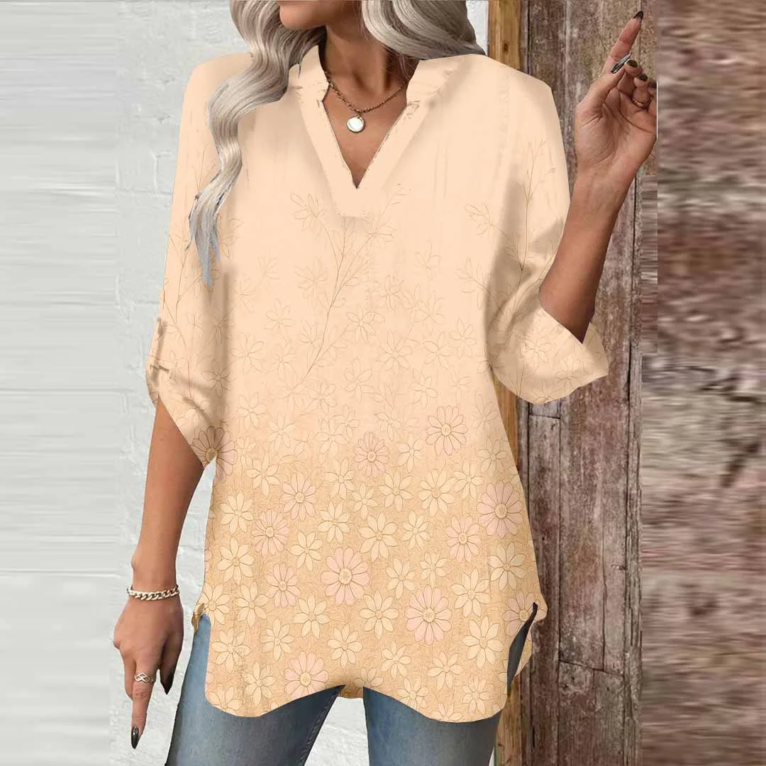 Women Apricot, Floral DZGA0518 3/4 Sleeve V-neck Printed Graphic Button Tops