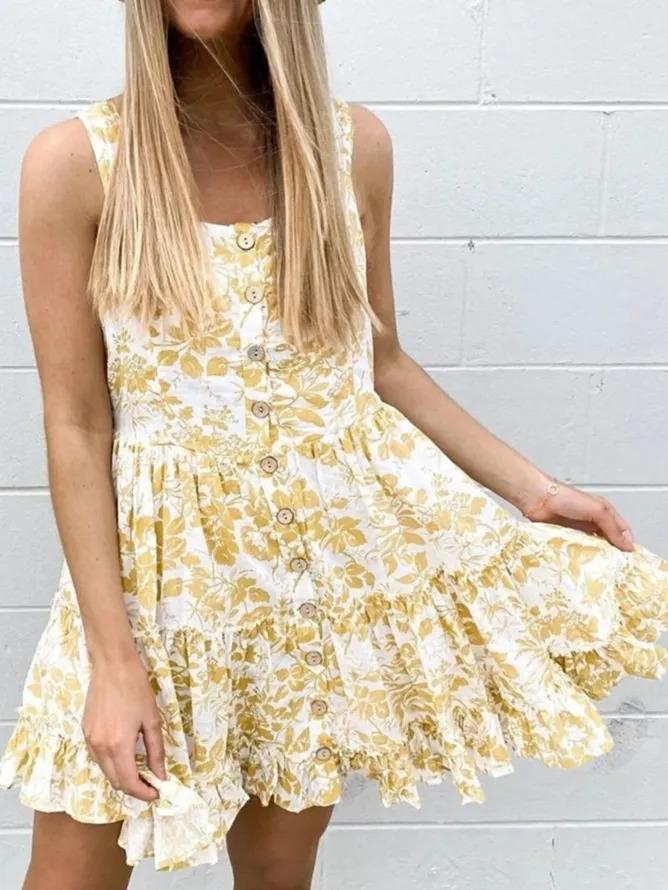 Yellow Sleeveless Casual Cotton Dresses