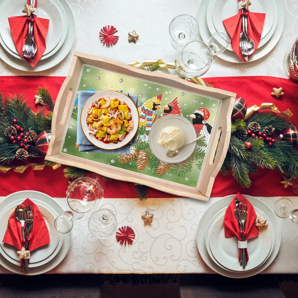 DIY Christmas Cardinal Diamond Painting Wooden Serving Tray Home Decoration