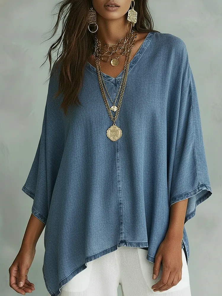 Cozy V-neck Loose-fitting Denim Shirt Top