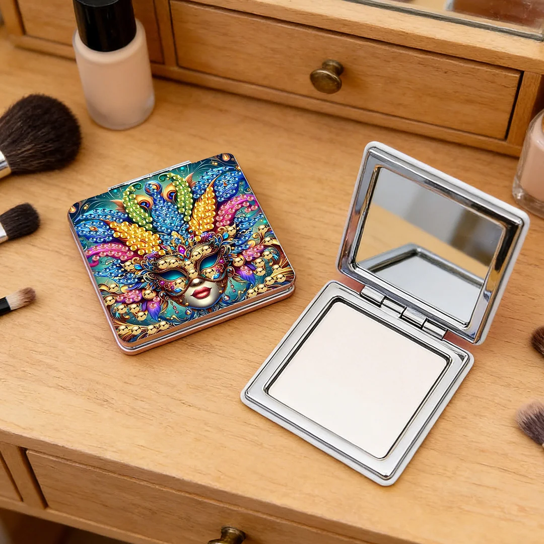 Mask-2 DIY Special Shaped Diamond Painting Compact Mirror Kits Diamond Art Painting Pocket Mirror for Beginners Adults Art Craft Woman Gifts