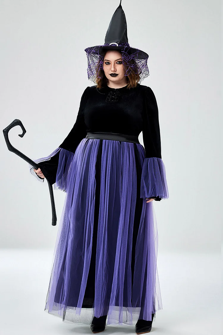 Xpluswear Design Plus Size Halloween Costume Purple Cosplay Witches Overlay Mesh Maxi Dress (Without Hat And Cane)