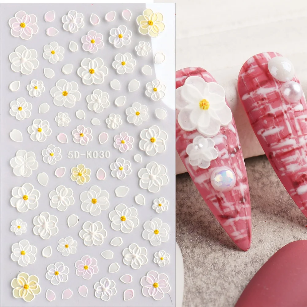 Churchf Nail Stickers Flowers Geometric Lines Decor Acrylic Embossed Sliders Gold Frame Nail Decals Cherry Blossom Manicure GLJI-5D05-Nail Inspo