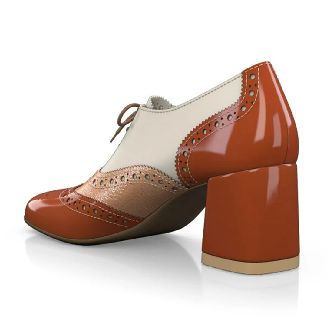 Brown and White Round Toe Perforated Lace-Up Oxford Shoes Women