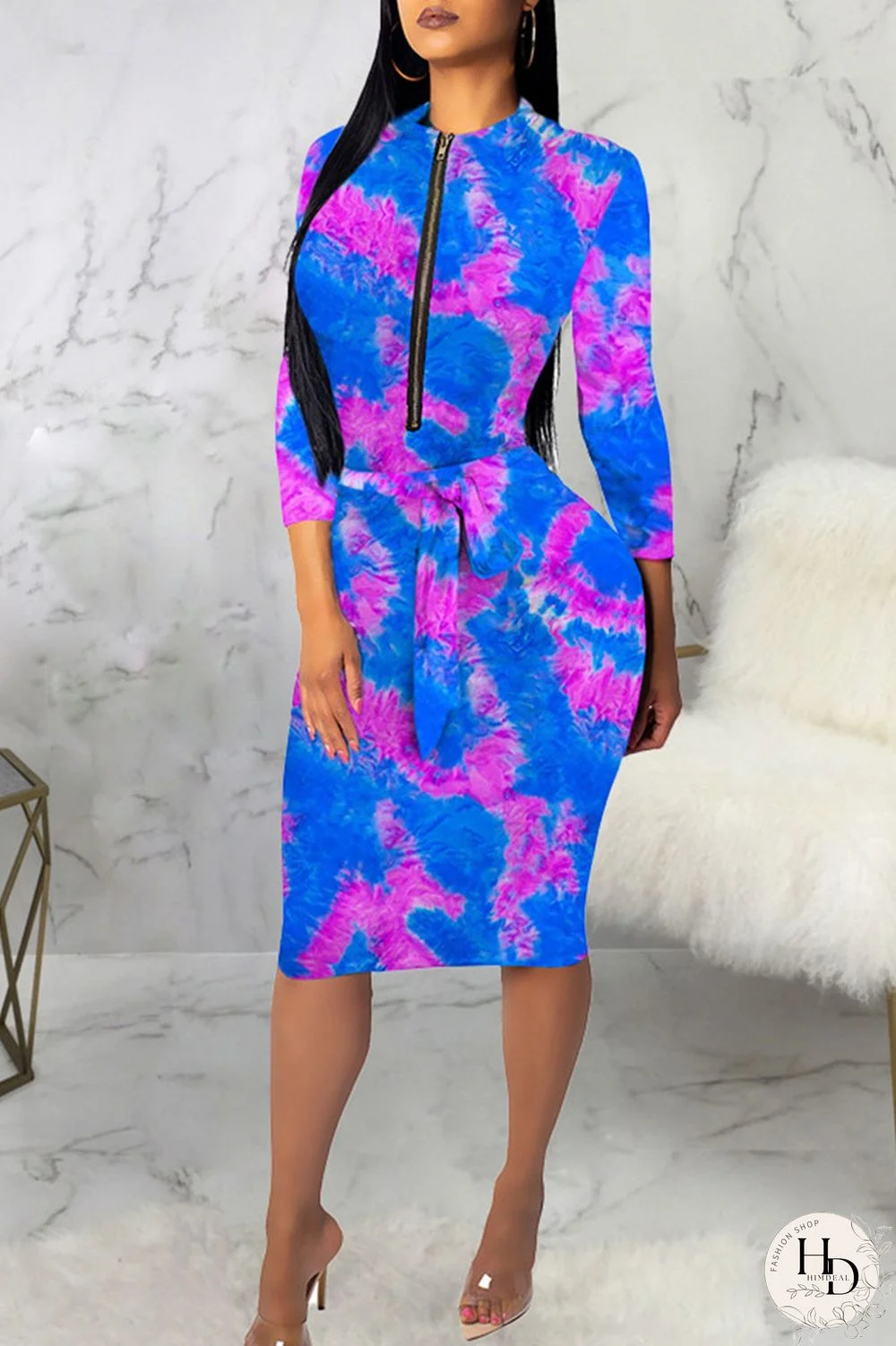 Powder blue Sexy Polyester Tie Dye Split Joint O Neck Long Sleeve Knee Length Long Sleeve Dress Dresses