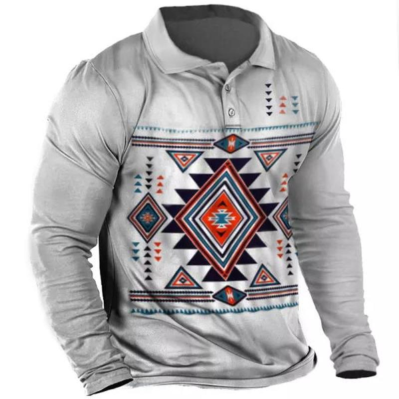 Men's Vintage Western Ethnic Print Long Sleeve Polo T-Shirt