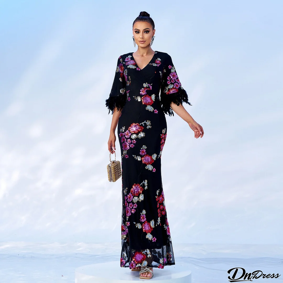 Women Sexy Sequin Short Sleeve V-Neck Formal Party Maxi Evening Dress
