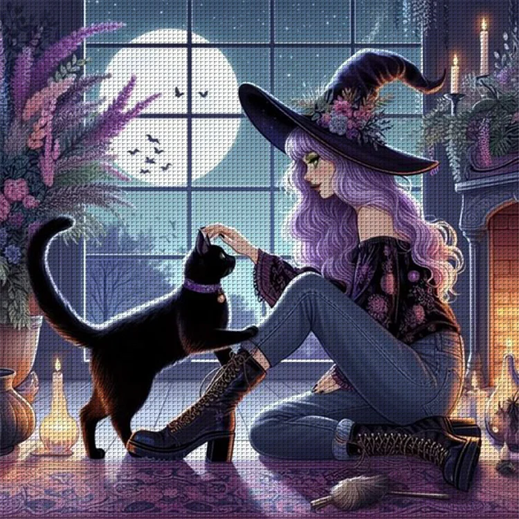 【Huacan Brand】Witch Girl And Black Cat 11CT Stamped Cross Stitch 40*40CM